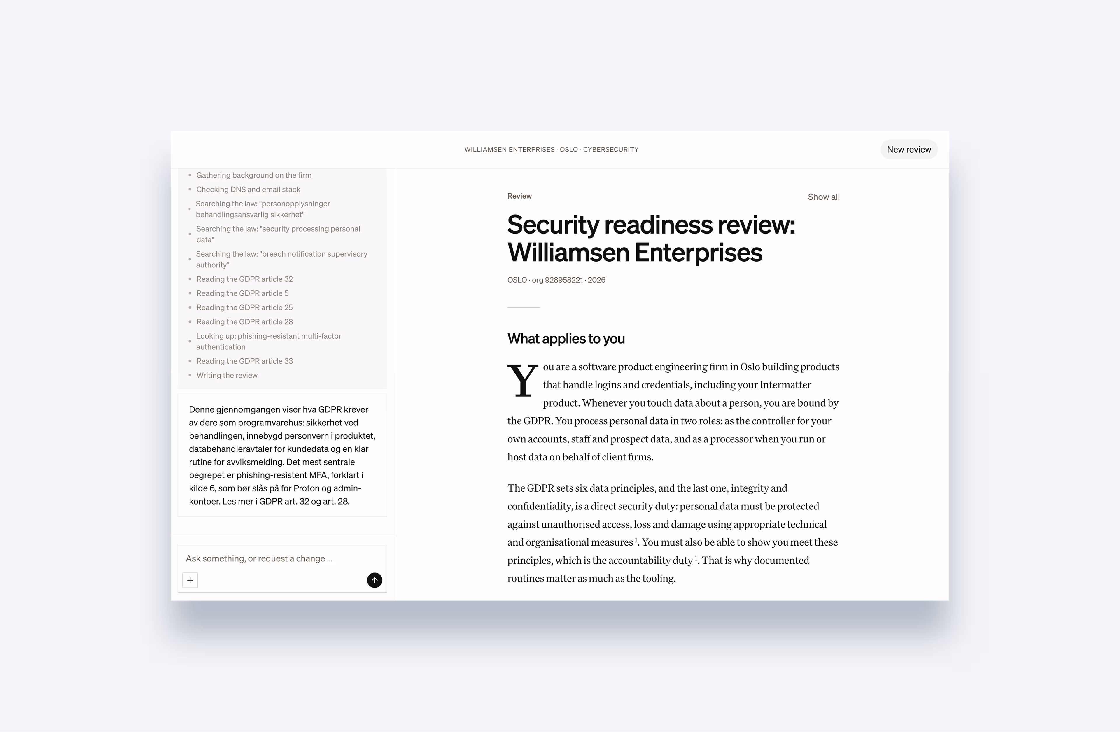 A Zero One Security review for Williamsen Enterprises: a cited cyber-law readiness report, with the agent's reasoning beside it.